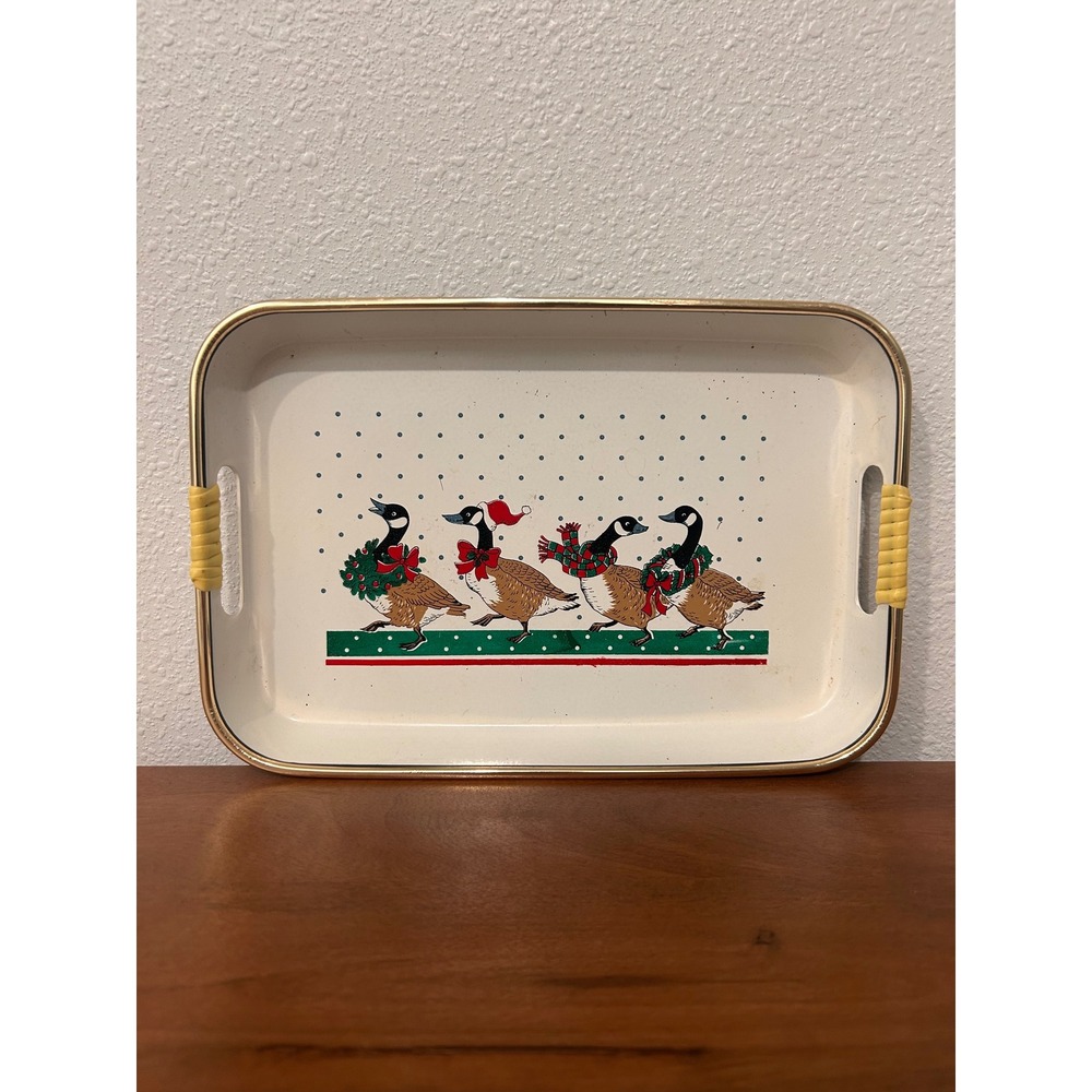 Vintage Christmas Lacquer Serving Tray Canada Geese Holiday Decor Cream Gold Rim